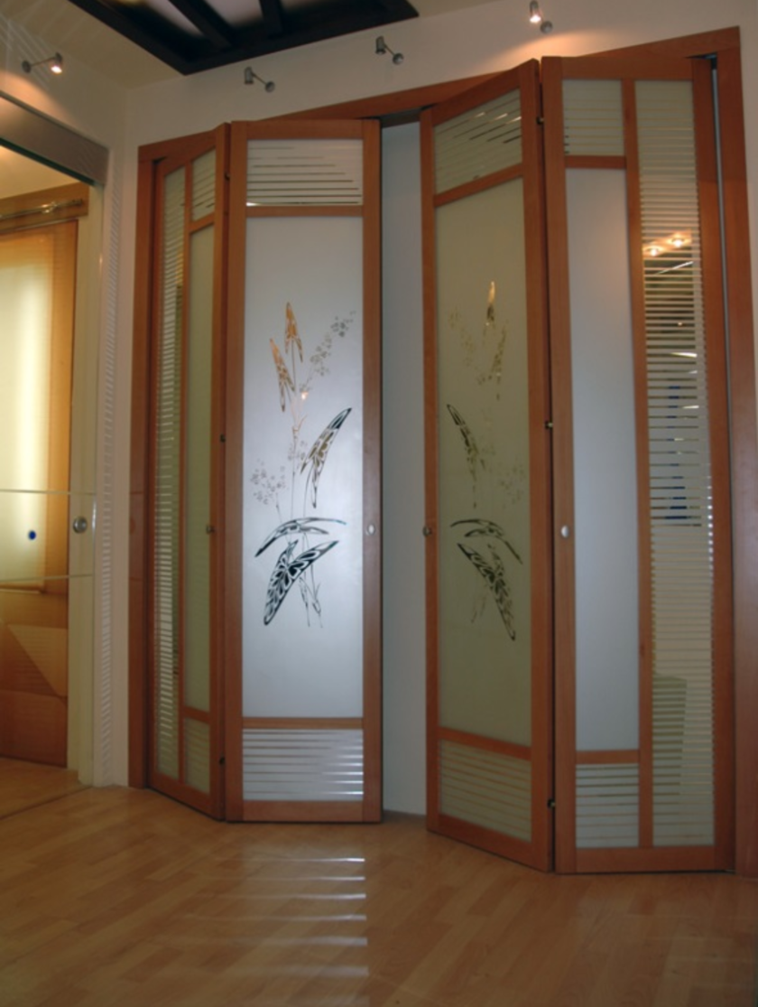 Широкие двери гармошка с матовым стеклом и рисунком Астрахань